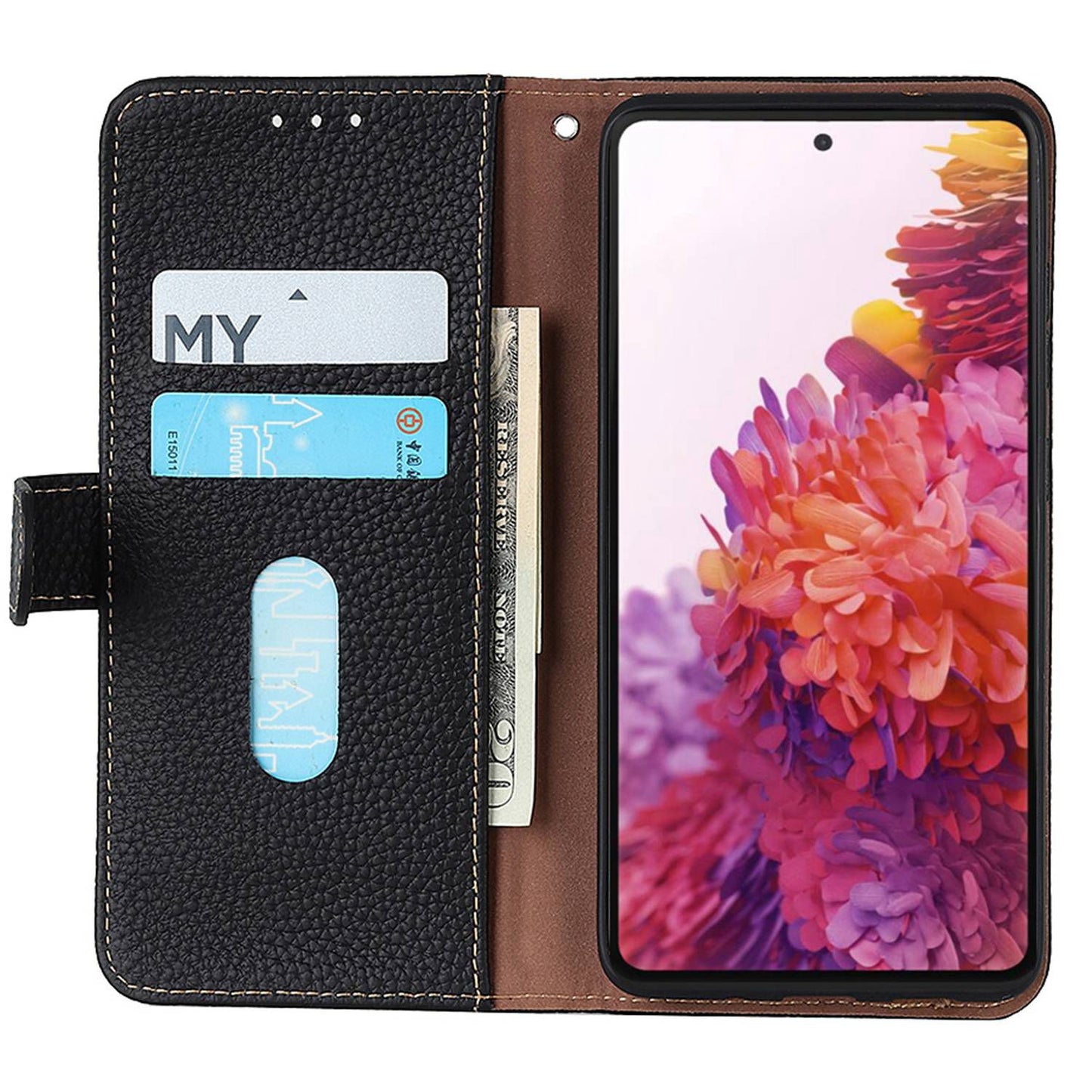 KHAZNEH For Samsung Galaxy A06 Phone Case Genuine Cow Leather Flip Cover - Black