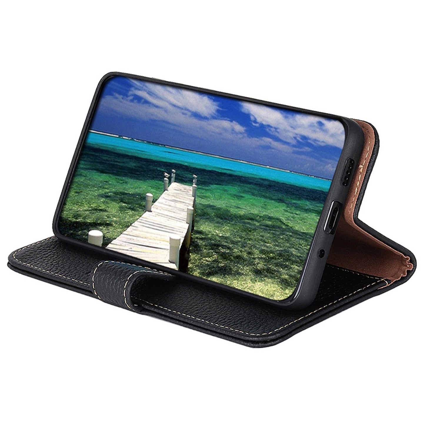 KHAZNEH For Samsung Galaxy A06 Phone Case Genuine Cow Leather Flip Cover - Black