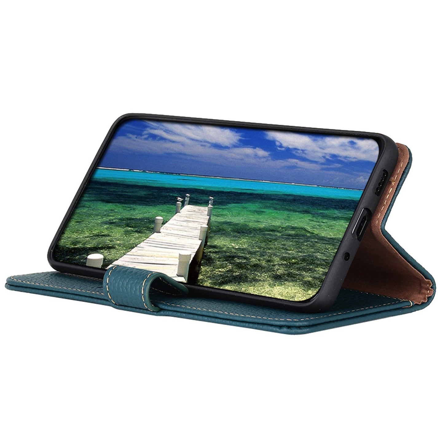 KHAZNEH For Samsung Galaxy A06 Phone Case Genuine Cow Leather Flip Cover - Green