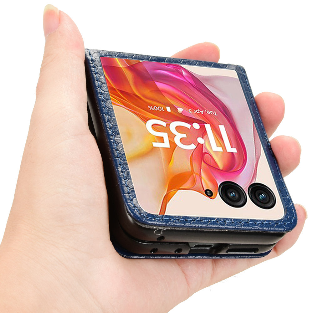 For Motorola Razr 50 Ultra 5G Phone Case with Card Holder Imprinted Dot Pattern Leather Phone Cover - Dark Blue