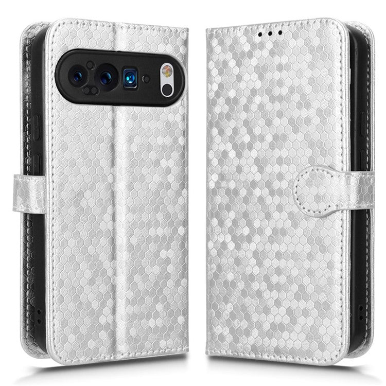 For Google Pixel 9 / 9 Pro Wallet Case Dot Pattern Imprint PU Leather Phone Cover - Silver