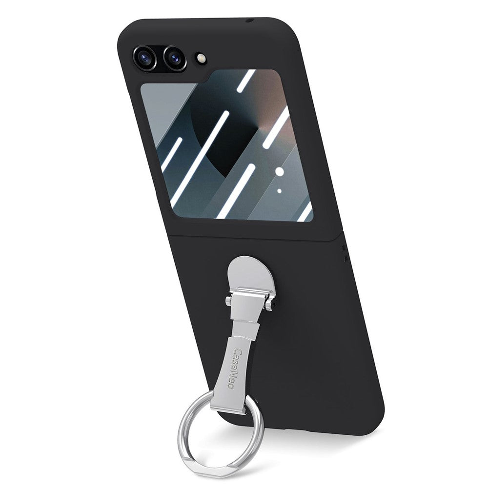 For Samsung Galaxy Z Flip7 FE 5G / Z Flip6 5G Case Ring Kickstand PC Phone Cover with Tempered Glass Rear Screen Film - Black