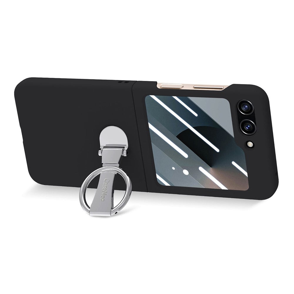 For Samsung Galaxy Z Flip7 FE 5G / Z Flip6 5G Case Ring Kickstand PC Phone Cover with Tempered Glass Rear Screen Film - Black
