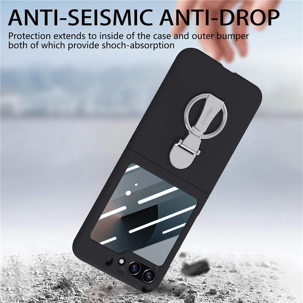 For Samsung Galaxy Z Flip7 FE 5G / Z Flip6 5G Case Ring Kickstand PC Phone Cover with Tempered Glass Rear Screen Film - Black