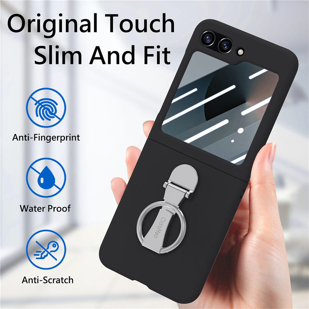 For Samsung Galaxy Z Flip7 FE 5G / Z Flip6 5G Case Ring Kickstand PC Phone Cover with Tempered Glass Rear Screen Film - Black