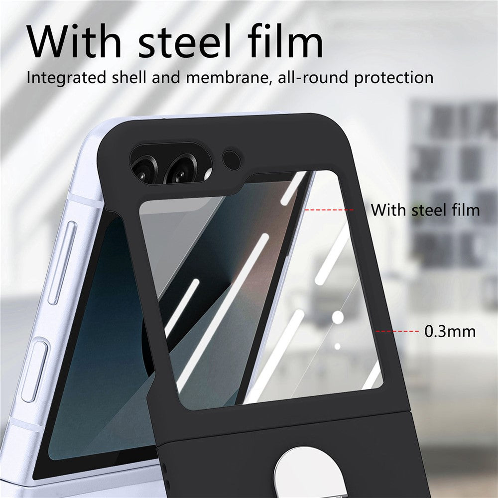 For Samsung Galaxy Z Flip7 FE 5G / Z Flip6 5G Case Ring Kickstand PC Phone Cover with Tempered Glass Rear Screen Film - Black