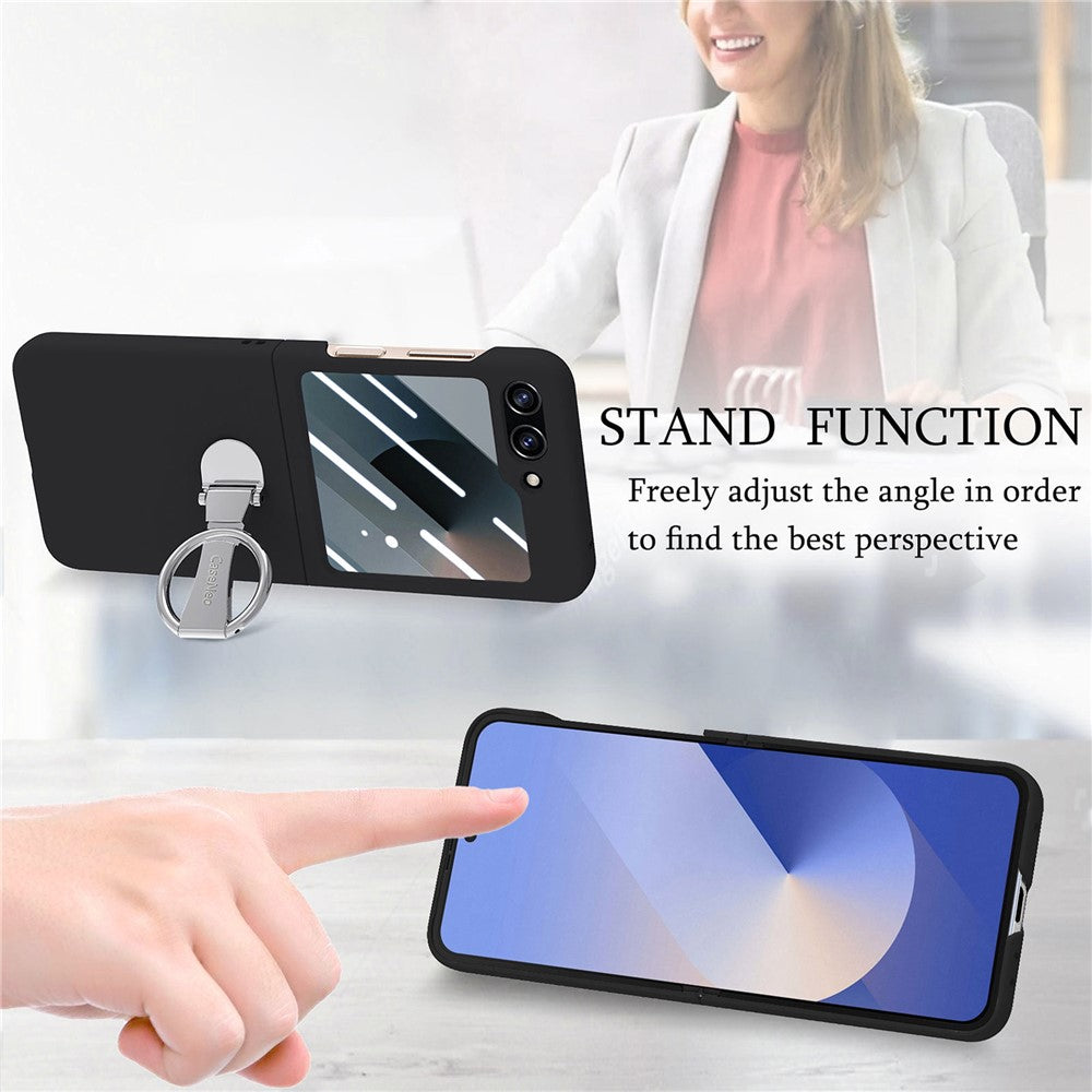 For Samsung Galaxy Z Flip7 FE 5G / Z Flip6 5G Case Ring Kickstand PC Phone Cover with Tempered Glass Rear Screen Film - Black