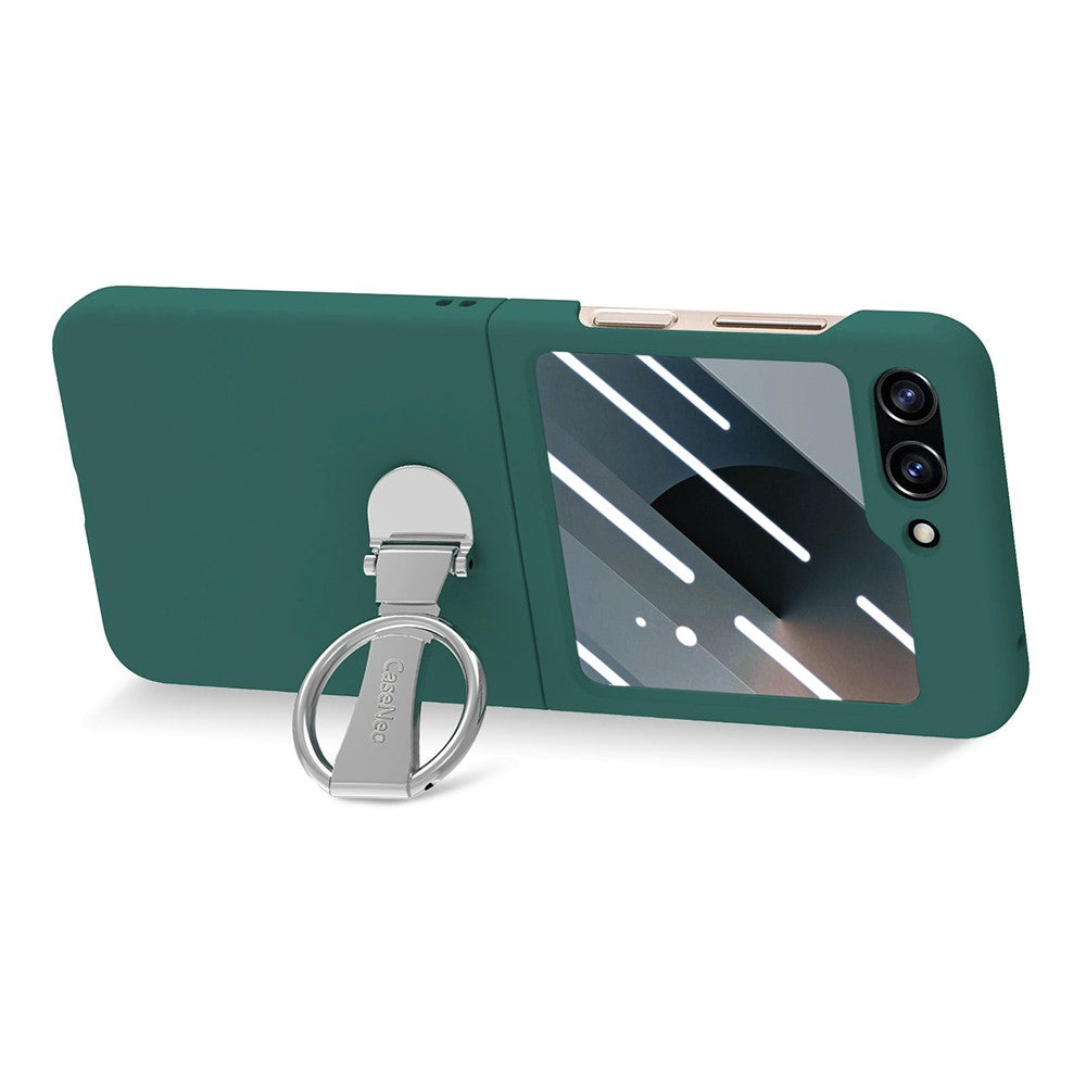 For Samsung Galaxy Z Flip7 FE 5G / Z Flip6 5G Case Ring Kickstand PC Phone Cover with Tempered Glass Rear Screen Film - Dark Green