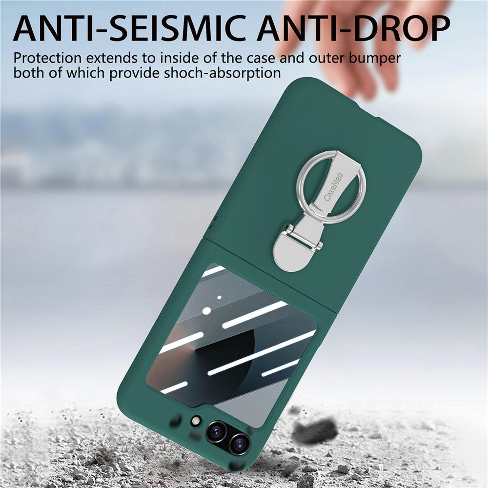 For Samsung Galaxy Z Flip7 FE 5G / Z Flip6 5G Case Ring Kickstand PC Phone Cover with Tempered Glass Rear Screen Film - Dark Green