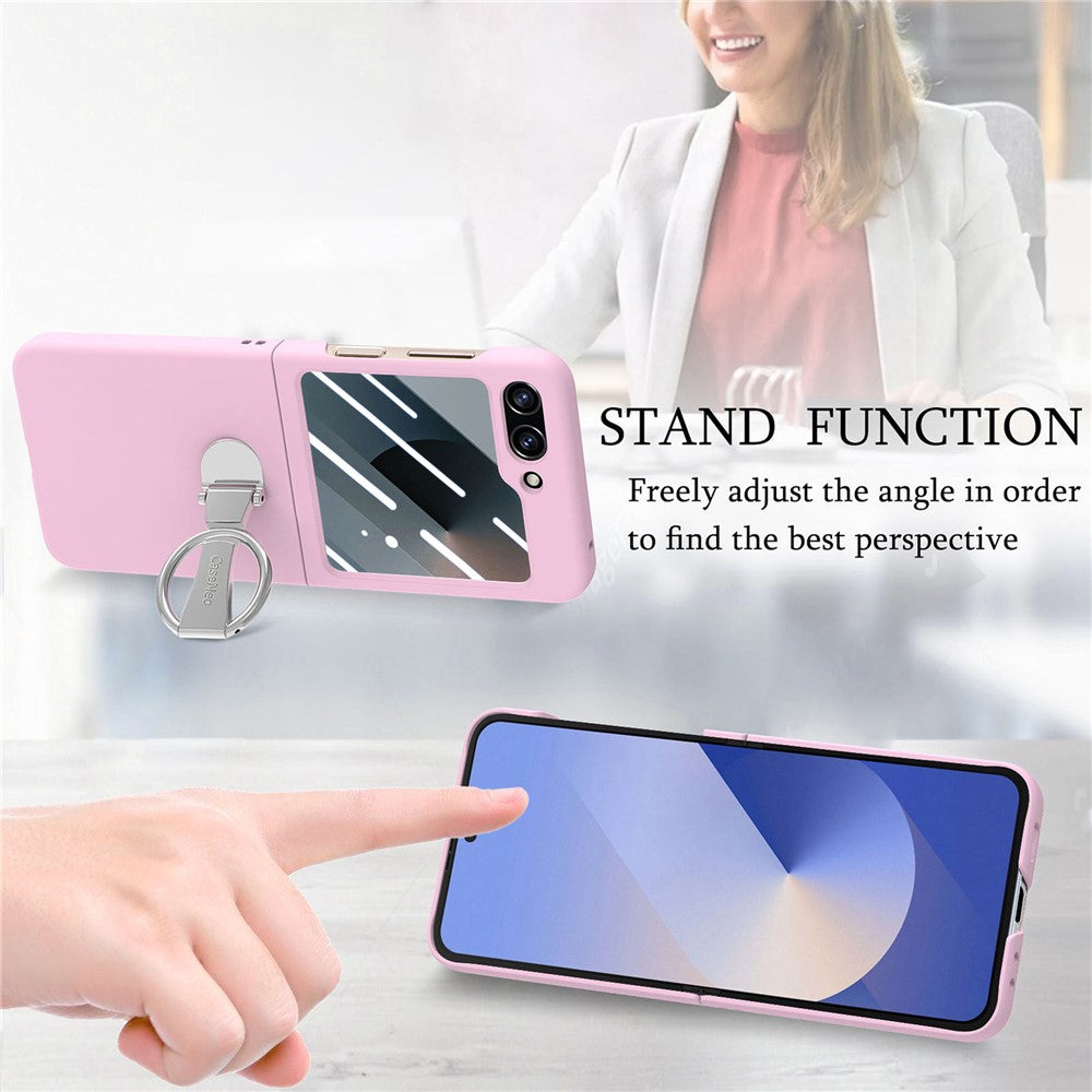 For Samsung Galaxy Z Flip7 FE 5G / Z Flip6 5G Case Ring Kickstand PC Phone Cover with Tempered Glass Rear Screen Film - Pink