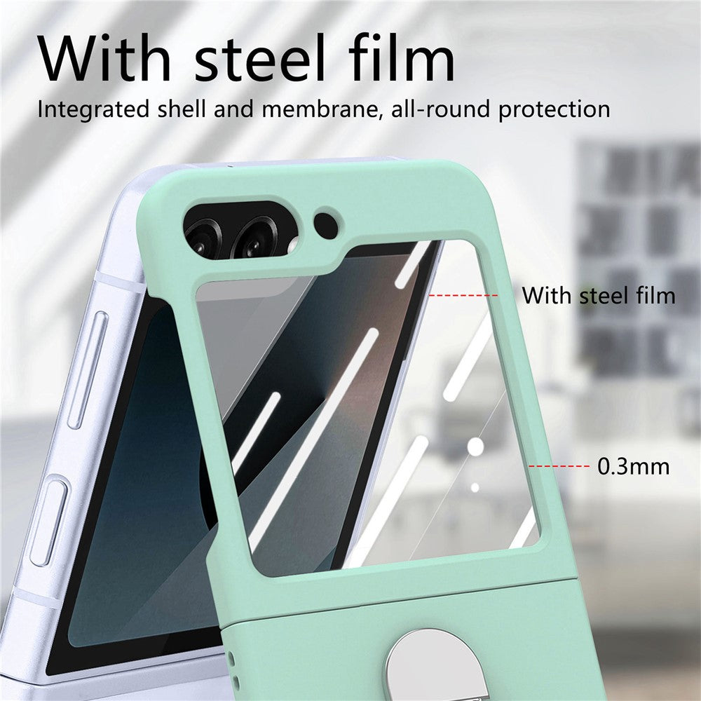 For Samsung Galaxy Z Flip7 FE 5G / Z Flip6 5G Case Ring Kickstand PC Phone Cover with Tempered Glass Rear Screen Film - Light Green