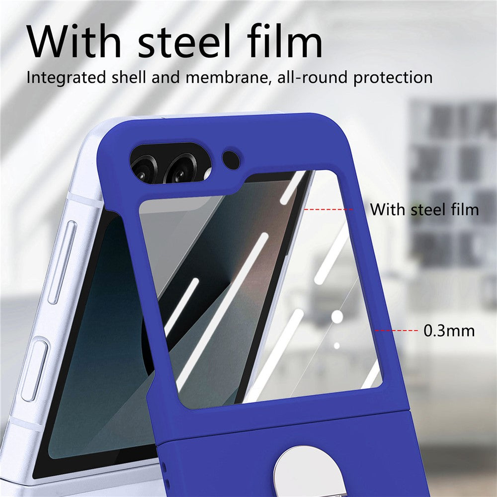 For Samsung Galaxy Z Flip7 FE 5G / Z Flip6 5G Case Ring Kickstand PC Phone Cover with Tempered Glass Rear Screen Film - Dark Blue