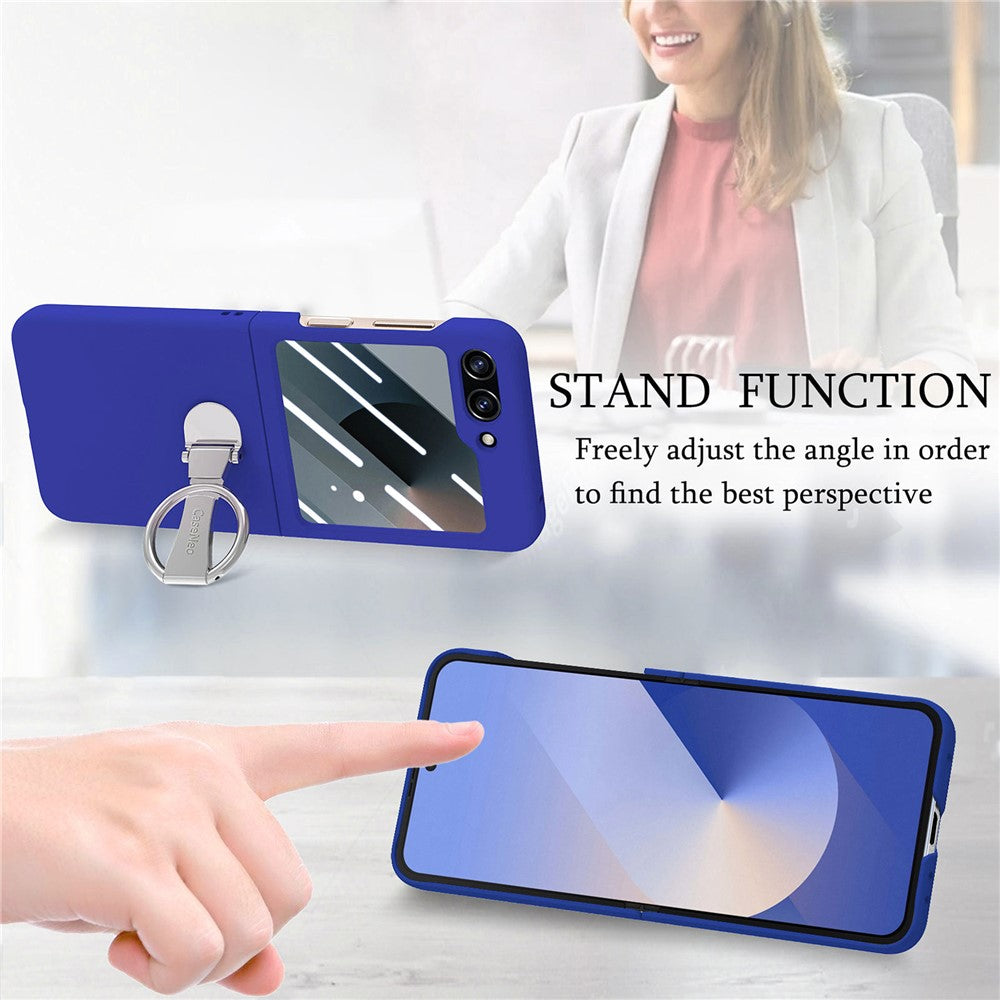For Samsung Galaxy Z Flip7 FE 5G / Z Flip6 5G Case Ring Kickstand PC Phone Cover with Tempered Glass Rear Screen Film - Dark Blue