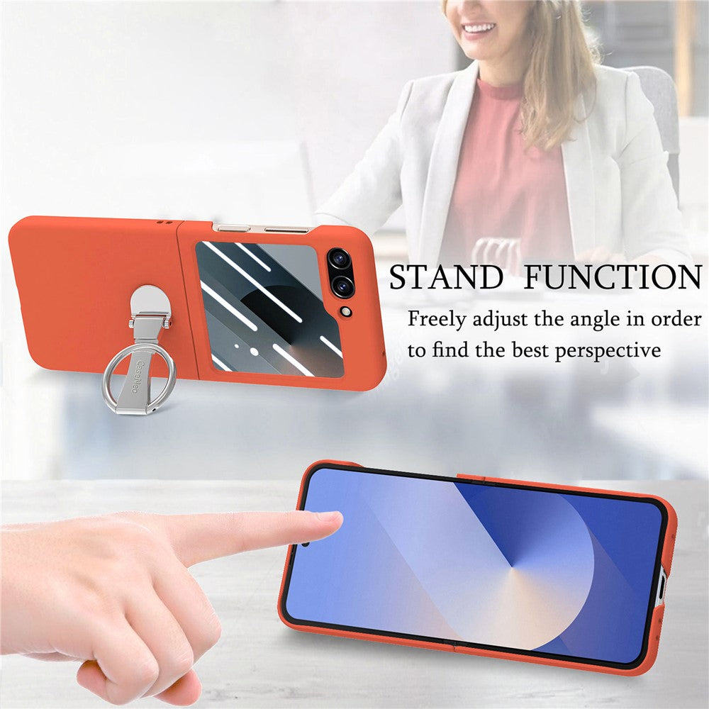 For Samsung Galaxy Z Flip7 FE 5G / Z Flip6 5G Case Ring Kickstand PC Phone Cover with Tempered Glass Rear Screen Film - Orange