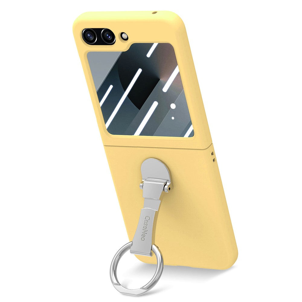 For Samsung Galaxy Z Flip7 FE 5G / Z Flip6 5G Case Ring Kickstand PC Phone Cover with Tempered Glass Rear Screen Film - Yellow