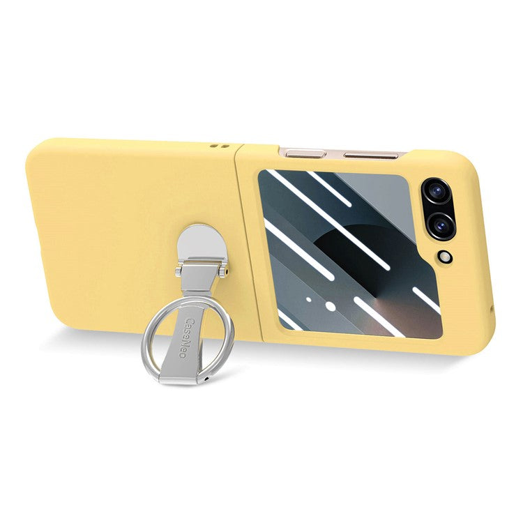 For Samsung Galaxy Z Flip6 5G Case Ring Kickstand PC Phone Cover with Tempered Glass Rear Screen Film - Yellow