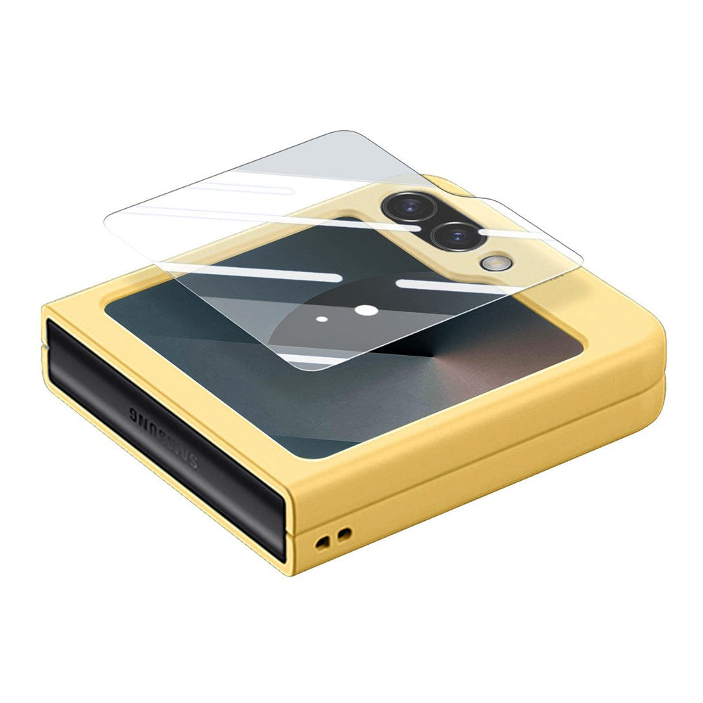 For Samsung Galaxy Z Flip7 FE 5G / Z Flip6 5G Case Ring Kickstand PC Phone Cover with Tempered Glass Rear Screen Film - Yellow