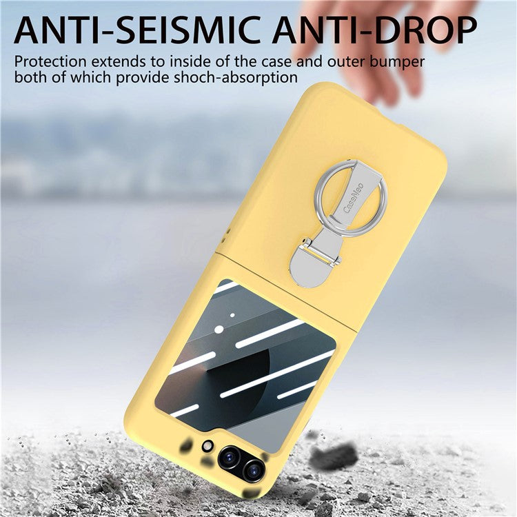 For Samsung Galaxy Z Flip6 5G Case Ring Kickstand PC Phone Cover with Tempered Glass Rear Screen Film - Yellow