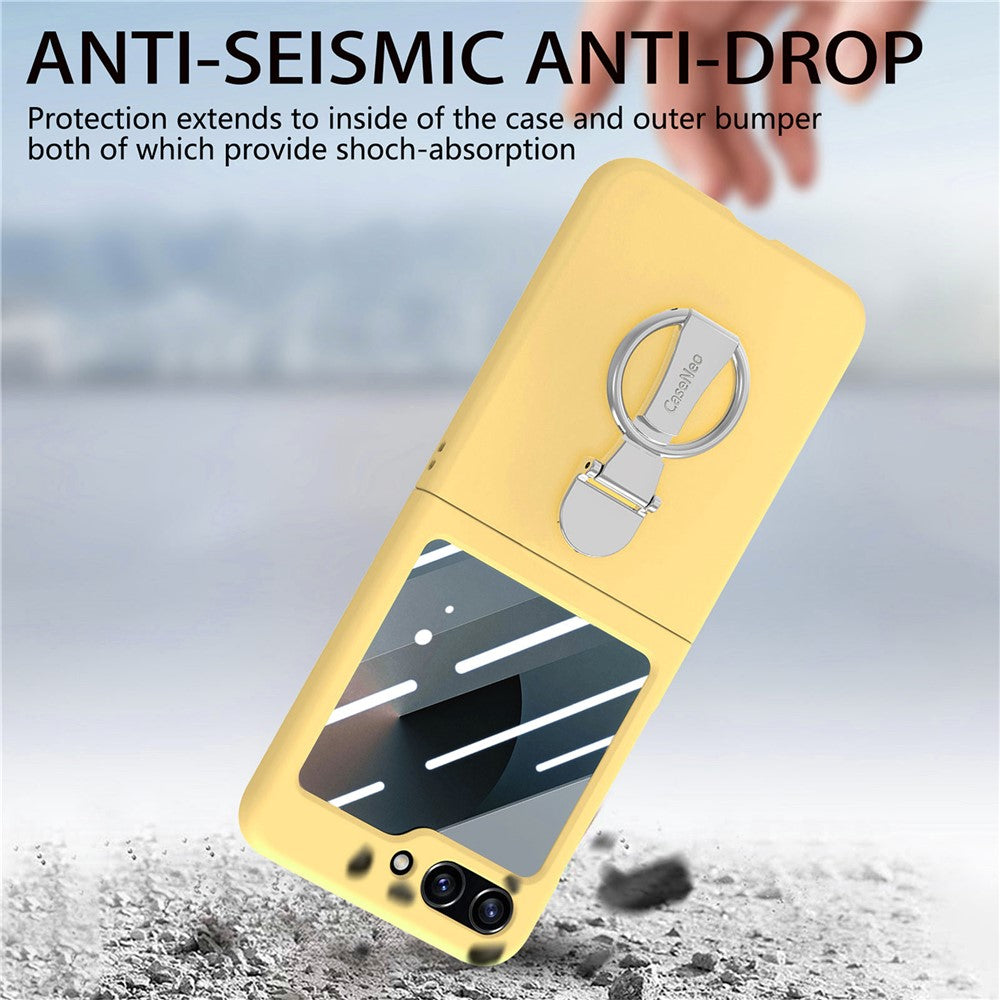 For Samsung Galaxy Z Flip7 FE 5G / Z Flip6 5G Case Ring Kickstand PC Phone Cover with Tempered Glass Rear Screen Film - Yellow