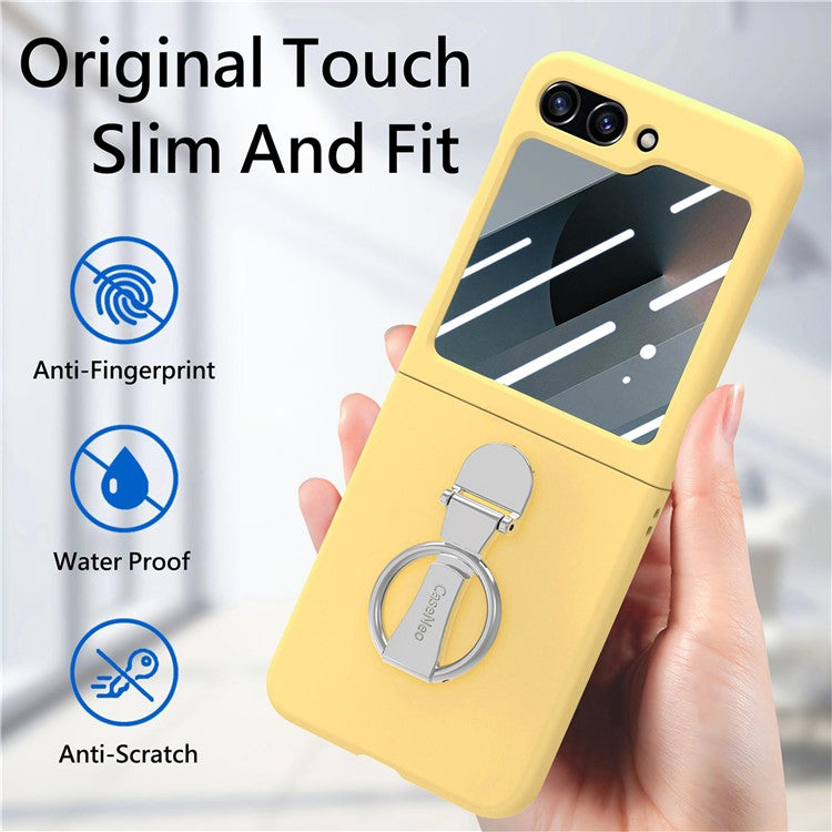 For Samsung Galaxy Z Flip6 5G Case Ring Kickstand PC Phone Cover with Tempered Glass Rear Screen Film - Yellow