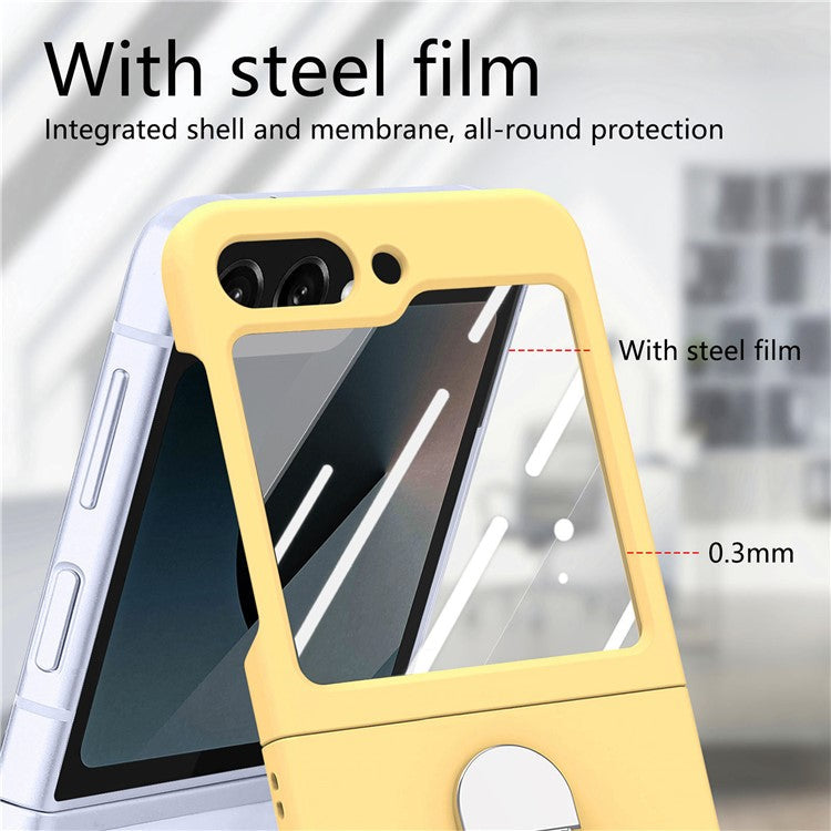 For Samsung Galaxy Z Flip6 5G Case Ring Kickstand PC Phone Cover with Tempered Glass Rear Screen Film - Yellow