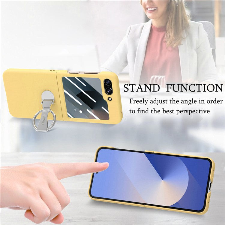 For Samsung Galaxy Z Flip6 5G Case Ring Kickstand PC Phone Cover with Tempered Glass Rear Screen Film - Yellow