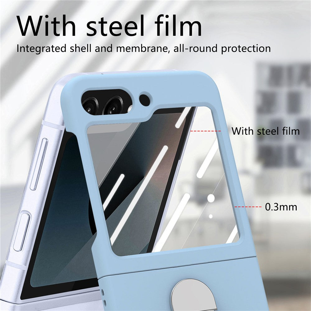 For Samsung Galaxy Z Flip7 FE 5G / Z Flip6 5G Case Ring Kickstand PC Phone Cover with Tempered Glass Rear Screen Film -  Baby Blue