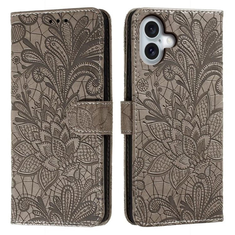 For iPhone 16 Plus Case Lace Flowers PU Leather Flip Wallet Phone Cover - Grey