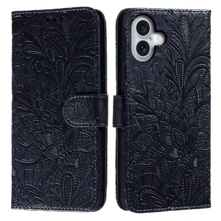 For iPhone 16 Case Lace Flowers PU Leather Flip Wallet Phone Cover - Black