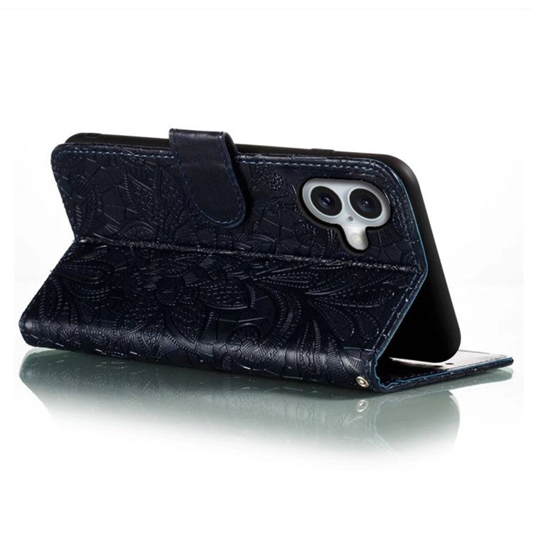 For iPhone 16 Case Lace Flowers PU Leather Flip Wallet Phone Cover - Black