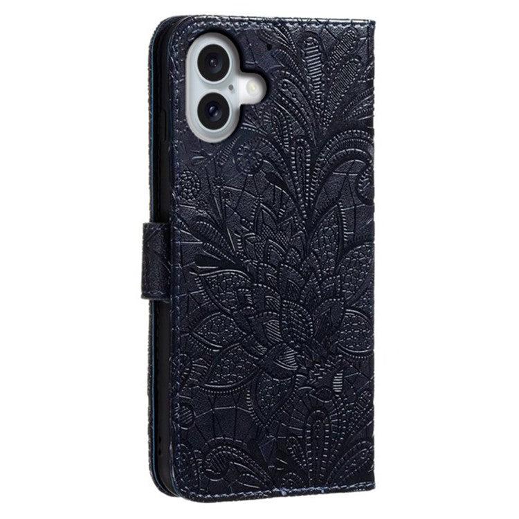 For iPhone 16 Case Lace Flowers PU Leather Flip Wallet Phone Cover - Black