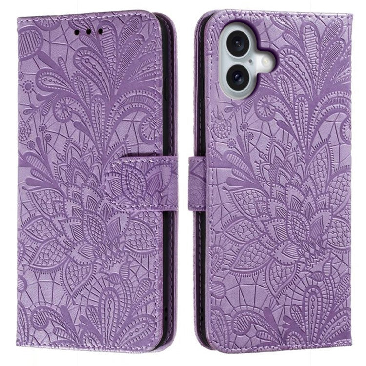 For iPhone 16 Case Lace Flowers PU Leather Flip Wallet Phone Cover - Purple