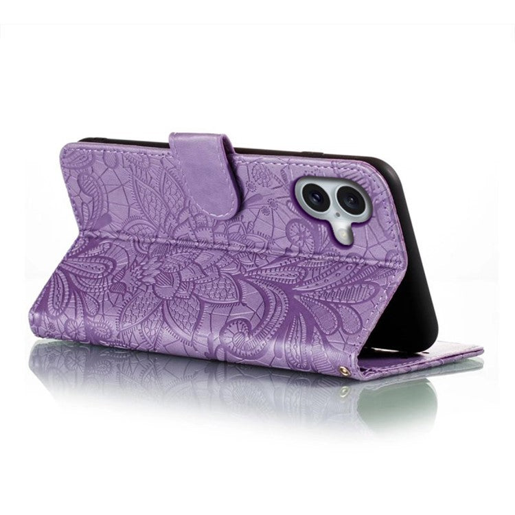 For iPhone 16 Case Lace Flowers PU Leather Flip Wallet Phone Cover - Purple