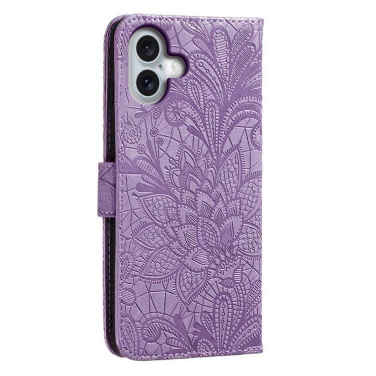 For iPhone 16 Case Lace Flowers PU Leather Flip Wallet Phone Cover - Purple