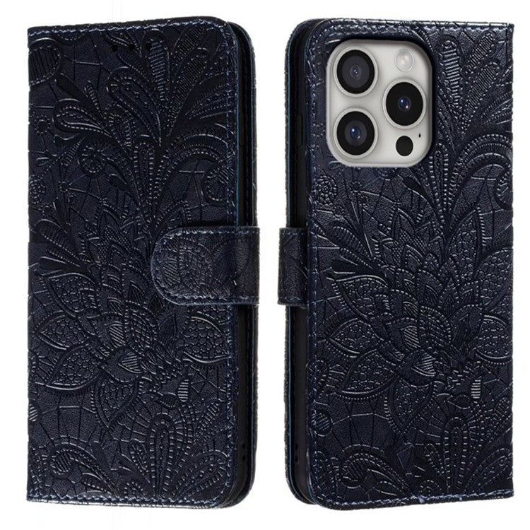 For iPhone 16 Pro Case Lace Flowers PU Leather Flip Wallet Phone Cover - Black