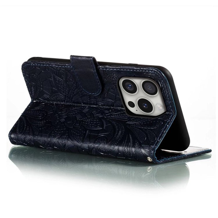 For iPhone 16 Pro Case Lace Flowers PU Leather Flip Wallet Phone Cover - Black