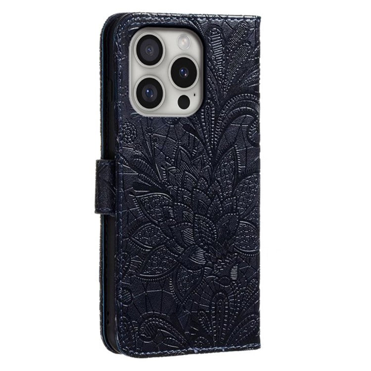For iPhone 16 Pro Case Lace Flowers PU Leather Flip Wallet Phone Cover - Black