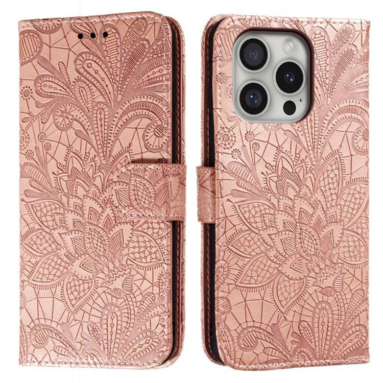 For iPhone 16 Pro Case Lace Flowers PU Leather Flip Wallet Phone Cover - Rose Gold