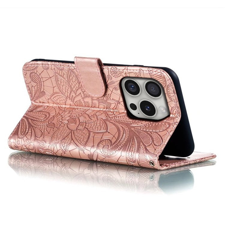 For iPhone 16 Pro Case Lace Flowers PU Leather Flip Wallet Phone Cover - Rose Gold