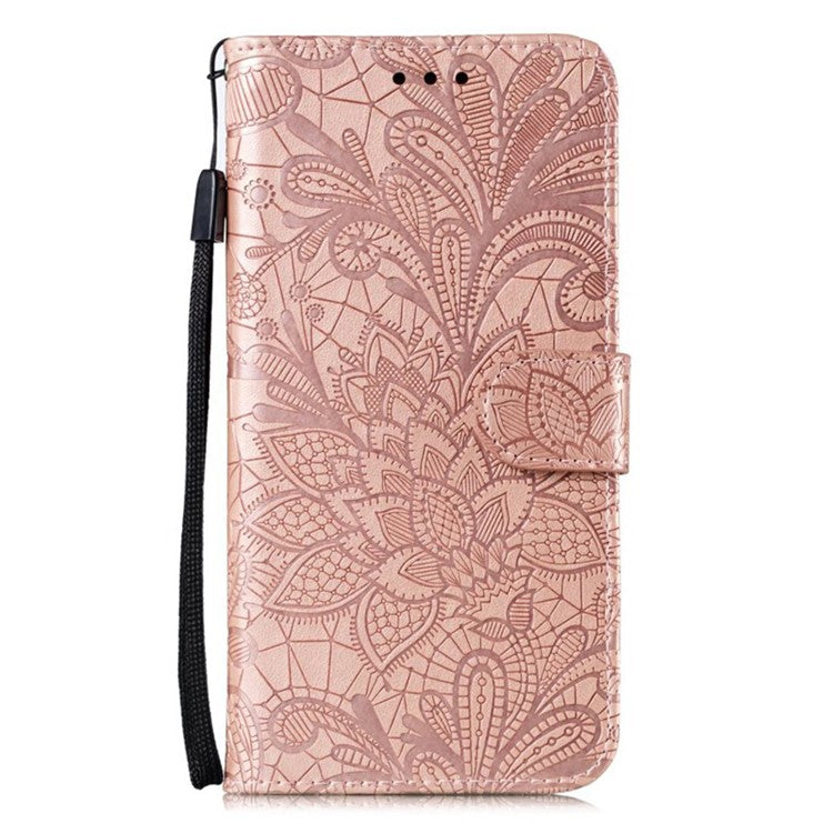 For iPhone 16 Pro Case Lace Flowers PU Leather Flip Wallet Phone Cover - Rose Gold