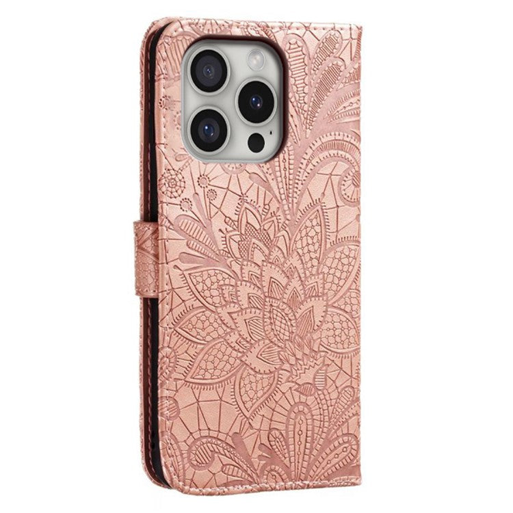 For iPhone 16 Pro Case Lace Flowers PU Leather Flip Wallet Phone Cover - Rose Gold