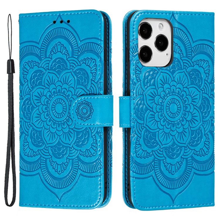 For iPhone 16 Pro Case PU Leather Mandala Imprinted Design Wallet Phone Cover - Blue