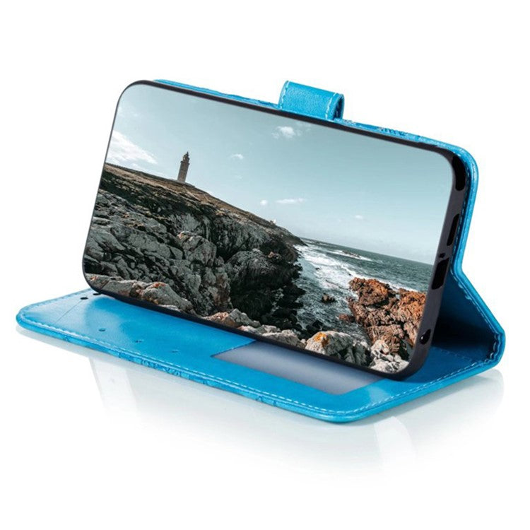 For iPhone 16 Pro Case PU Leather Mandala Imprinted Design Wallet Phone Cover - Blue