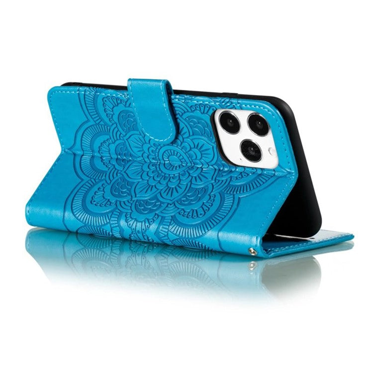 For iPhone 16 Pro Case PU Leather Mandala Imprinted Design Wallet Phone Cover - Blue
