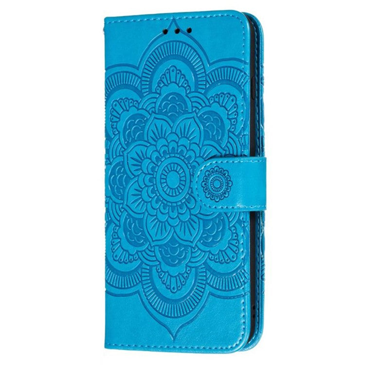 For iPhone 16 Pro Case PU Leather Mandala Imprinted Design Wallet Phone Cover - Blue