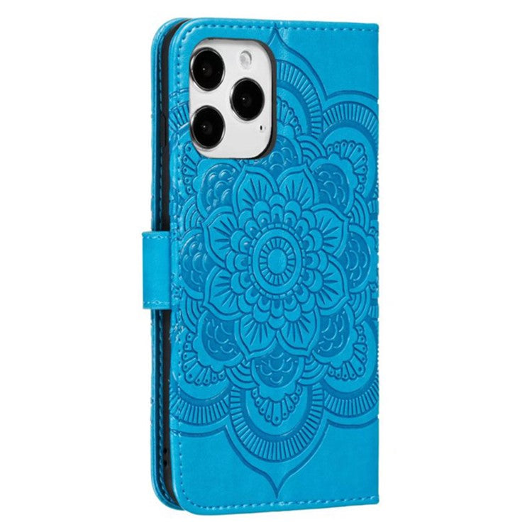 For iPhone 16 Pro Case PU Leather Mandala Imprinted Design Wallet Phone Cover - Blue