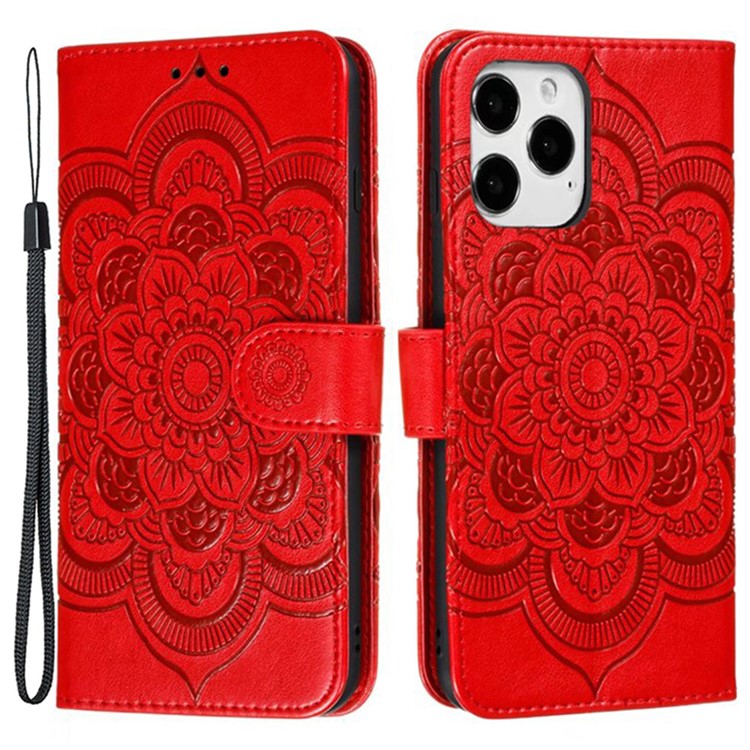For iPhone 16 Pro Case PU Leather Mandala Imprinted Design Wallet Phone Cover - Red