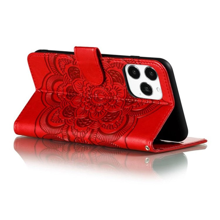 For iPhone 16 Pro Case PU Leather Mandala Imprinted Design Wallet Phone Cover - Red