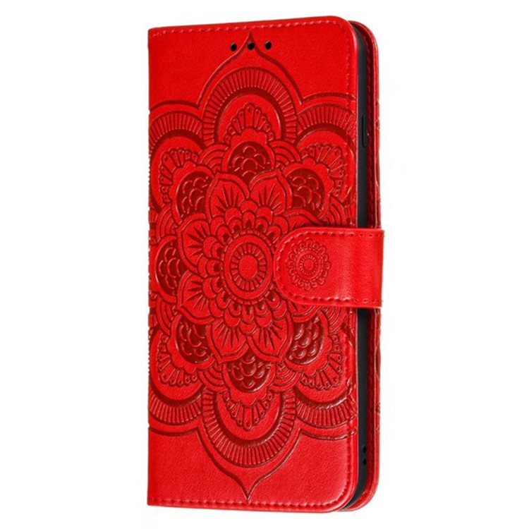 For iPhone 16 Pro Case PU Leather Mandala Imprinted Design Wallet Phone Cover - Red
