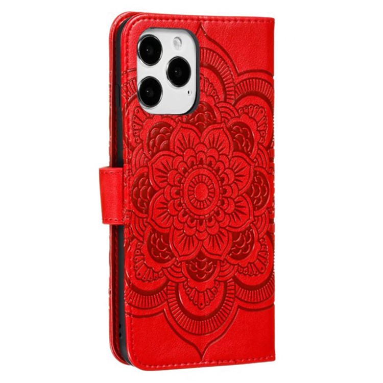 For iPhone 16 Pro Case PU Leather Mandala Imprinted Design Wallet Phone Cover - Red
